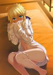 ahoge artoria_pendragon_(all) bangs bed_sheet blonde_hair blue_ribbon blush bottomless bow bow_panties braid commentary_request dress_shirt embarrassed eyebrows_visible_through_hair fate/stay_night fate_(series) flying_teardrops french_braid futon green_eyes hair_between_eyes hair_ribbon holding holding_pillow indoors long_sleeves looking_at_viewer lying namonashi navel on_bed on_side open_clothes open_shirt panties panty_pull pillow pillow_hug pussy_juice ribbon saber shirt short_hair sidelocks solo tatami tears underwear white_shirt 