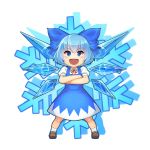  blue_eyes blue_hair bow brown_footwear chibi cirno crossed_arms gunbuster_pose hair_bow highres ice ice_wings kkommy open_mouth shoes short_sleeves skirt smile snowflakes socks standing touhou v-shaped_eyebrows wings 