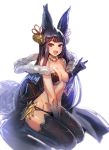  :d animal_ears bangs bell black_gloves black_hair black_legwear blush bow_(bhp) breasts collarbone erune eyebrows_visible_through_hair fang fox_ears fox_shadow_puppet fox_tail gloves granblue_fantasy hair_bell hair_ornament jingle_bell large_breasts long_hair looking_at_viewer navel open_mouth red_eyes revision seiza simple_background sitting smile solo tail thighhighs very_long_hair white_background yuel_(granblue_fantasy) 