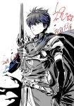  armor cape elbow_gloves fire_emblem fire_emblem:_ankoku_ryuu_to_hikari_no_tsurugi fire_emblem:_monshou_no_nazo fire_emblem:_shin_ankoku_ryuu_to_hikari_no_tsurugi fire_emblem:_shin_monshou_no_nazo gloves greyscale holding holding_sword holding_weapon male_focus marth monochrome short_hair solo suzuki_rika sword tiara weapon 