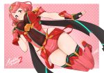  armor bangs blush breasts covered_navel crotchless_pants earrings fingerless_gloves gloves hair_ornament homura_(xenoblade_2) jewelry large_breasts looking_at_viewer red_eyes red_hair red_shorts short_hair shorts shoulder_armor sidelocks simple_background solo swept_bangs takuji_yuusaku tiara xenoblade_(series) xenoblade_2 