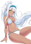  absurdres arm_support bikini blue_hairband cowboy_shot dark_skin feet_out_of_frame green_eyes hairband highres long_hair looking_at_viewer matsunoki_(unknown_751) open_mouth original ponytail simple_background sitting solo swimsuit white_background white_bikini white_hair 