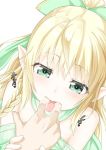  1girl blonde_hair braid drooling finger_in_mouth green_eyes hair_bow niwaka_potato original pointy_ears pov saliva solo_focus tongue tongue_out white_background 