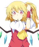  adjusting_hair ascot blonde_hair blush chata_maru_(irori_sabou) eyebrows_visible_through_hair flandre_scarlet highres looking_at_viewer mouth_hold no_hat no_headwear red_eyes short_hair short_sleeves side_ponytail simple_background solo touhou tying_hair white_background wings wrist_cuffs yellow_neckwear 