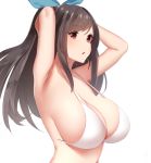  armpits arms_behind_head arms_up bangs bare_shoulders blue_bow blush bow breasts brown_eyes brown_hair cleavage collarbone commentary_request eyebrows_visible_through_hair hair_bow idolmaster idolmaster_shiny_colors large_breasts long_hair looking_at_viewer open_mouth senju_(snz0) sideboob simple_background solo strap_gap swept_bangs tsukioka_kogane white_background white_bikini_top 