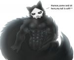  anthro biped black_fur canine changed_(video_game) fluffy fur goo_creature huge_tail male mammal mask monster muscular muscular_male nude one_eye_closed patting puro_(changed) rubber simple_background sitting solo text white-snow-wolf white_background wink wolf 