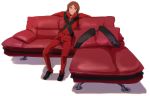  black_footwear brown_eyes brown_hair closed_mouth couch high_collar jacket looking_at_viewer male_focus pants persona persona_2 red_jacket red_pants shoes simple_background solo suou_tatsuya u-ka_(pixiv5407) white_background zipper 