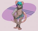  anthro ari_(caudamus) balls bent_over blue_eyes clothed clothing cowlick fur fuzzamorous grey_fur hair looking_away looking_up male mammal mouse multicolored_hair penis pink_nose pink_tail rodent short_hair simple_background solo standing teeth topless underwear undressing 