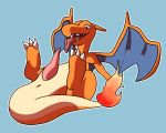  animal_genitalia animal_penis anus blue_background charizard digital_media_(artwork) erection feral fire male nintendo open_mouth penis pok&eacute;mon pok&eacute;mon_(species) simple_background smile solo soot_in_suit tapering_penis teeth tongue tongue_out video_games wings 