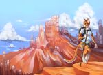  2018 4_toes 5_fingers anthro barefoot cat clothed clothing day demicoeur detailed_background digital_media_(artwork) digitigrade feline female fur mammal orange_fur outside sky solo toes 