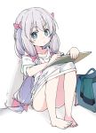  bag barefoot blue_eyes bow eromanga_sensei full_body hair_bow ixy izumi_sagiri long_hair looking_at_viewer low-tied_long_hair pen pink_bow shirt silver_hair simple_background sitting sketchbook solo white_background white_shirt 