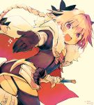  :d artist_name ass astolfo_(fate) black_bow black_gloves bow braid cape eyebrows_visible_through_hair fang fate/apocrypha fate_(series) fur_trim gloves hair_bow long_hair looking_at_viewer male_focus open_mouth otoko_no_ko pink_hair purple_eyes red_cape simple_background single_braid smile solo sword weapon yellow_background yuzuki_gao 