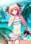  astolfo_(fate) beach bikini black_bow bow braid closed_mouth commentary_request dated day eyebrows_visible_through_hair fate/apocrypha fate/extella_link fate/grand_order fate_(series) frilled_swimsuit frills hair_bow ittokyu long_hair looking_at_viewer male_focus navel ocean otoko_no_ko outdoors pink_hair purple_eyes signature single_braid smile solo standing swimsuit 