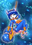  1girl animal_ears blue_background blue_hair blue_skin blush breasts female fox fox_ears full_body furry green_eyes jewelry krystal lots_of_jewelry medium_breasts michiyoshi nintendo no_humans open_mouth sandals short_hair smile solo staff star_fox star_fox_adventures tail weapon 