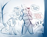  2018 alternate_species annoyed anthro clothed clothing dialogue duo english_text feline female flora_(twokinds) fur furrification gradient_background hands_on_hips hi_res humor keidran male mammal monochrome open_mouth outside scarf simple_background sketch snow striped_fur stripes text tiger tiger_trace tom_fischbach topless trace_legacy tree twokinds webcomic winter yelling 