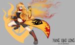  alternate_costume artist_name bangs boots breasts character_name ember_celica_(rwby) fighting_stance full_body grey_background grin highres knee_boots kurokamirin long_hair looking_at_viewer orange_hair purple_eyes redesign rwby short_shorts shorts simple_background smile very_long_hair yang_xiao_long 