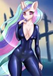  2018 anthro big_breasts blurred_background bodysuit breasts cleavage clothed clothing equine eyebrows eyelashes female friendship_is_magic fully_clothed hair hand_on_hip horn long_hair looking_at_viewer mammal multicolored_hair my_little_pony open_mouth pinktooth portrait pose princess_celestia_(mlp) purple_eyes rainbow_hair skinsuit solo standing thick_thighs three-quarter_portrait tight_clothing 
