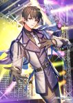  belt brown_gloves brown_hair copyright_name gloves headset indoors interitio male_focus necktie official_art outstretched_hand purple_eyes sid_story stage stage_lights standing watermark white_neckwear 