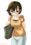  adapted_costume alternate_costume bag bespectacled brown_eyes brown_hair commentary_request cowboy_shot glasses hair_ornament hairclip handbag highres hiryuu_(kantai_collection) kantai_collection leaning_forward long_skirt orange_shirt shirt short_hair simple_background skirt smile sogabe_toshinori solo white_background white_skirt 