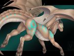  2018 5_toes beige_scales beige_skin black_claws black_horn border brown_scales brown_skin brown_spot claws curved_horn cyprena dragon featureless_crotch female feral flying glowing glowing_eyes green_background horn letterbox looking_at_viewer membranous_wings minerea outside_border pinkdragonlove quadruped rear_view scales scalie side_view simple_background smile smooth_horn solo spots spread_wings teal_eyes teal_scales teal_skin teal_spots teal_stripes toe_claws toes western_dragon white_scales white_skin wings 