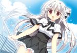  blush bow brown_eyes clouds dress gray_hair iris_freyja juuoumujin_no_fafnir korie_riko long_hair seifuku sky wand 