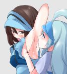  2girls ace_trainer_(pokemon) arm_up armpit_licking armpits blue_eyes blue_hair blue_hat blue_shirt blush breast_grab breasts brown_eyes brown_hair doruka erect_nipples female grey_background half-closed_eyes hand_beneath_clothes hand_up hat kahili_(pokemon) licking long_hair matching_hair/eyes medium_breasts multiple_girls open_mouth pokemon pokemon_(game) pokemon_sm saliva shiny shiny_hair shirt short_hair short_sleeves simple_background sleeveless sleeveless_shirt sweat tongue tongue_out upper_body visor_cap 