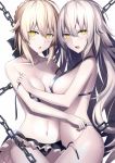  artoria_pendragon_(all) bangs bare_shoulders bikini bikini_pull black_bikini black_bow blonde_hair blush bow breasts chain cleavage collarbone commentary_request embarrassed eyebrows_visible_through_hair facing_another fate/grand_order fate_(series) frilled_bikini frills hair_between_eyes highres jeanne_d'arc_(alter)_(fate) jeanne_d'arc_(fate)_(all) large_breasts long_hair looking_at_viewer multiple_girls navel open_mouth pale_skin rin_yuu saber_alter sideboob silver_hair simple_background stomach sweatdrop swimsuit thighs touching undressing very_long_hair white_background yellow_eyes 