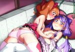  aisaki_emiru bare_shoulders blush body_blush bow breast_grab breasts closed_mouth convenient_arm couch girl_on_top grabbing hair_bow hairband hayashi_keita highres hugtto!_precure long_hair looking_at_another low_twintails lying medium_breasts multiple_girls on_back orange_hair panties pillow pink_legwear pink_panties precure purple_eyes purple_hair ruru_amour short_hair skindentation twintails underwear wavy_mouth yellow_hairband yuri 