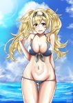  alternate_costume arm_behind_back bare_shoulders bikini blonde_hair blue_eyes blue_sky blush breasts cloud collarbone commentary cowboy_shot dated day front-tie_top gambier_bay_(kantai_collection) hair_between_eyes hairband hand_up highres kantai_collection large_breasts long_hair lowleg lowleg_bikini nakura_haru navel ocean open_mouth outdoors signature sky solo stomach swimsuit thighs twintails 