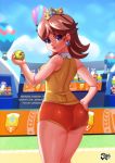  ass ball blue_eyes brown_hair commentary crown earrings english_commentary goomba hand_on_hip jadenkaiba jewelry koopa_troopa looking_back mario_(series) mario_tennis princess_daisy short_shorts shorts sleeveless smile solo_focus super_mario_bros. tennis_ball thick_thighs thighs toad wide_hips 