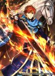  armor blue_eyes cape durandal_(fire_emblem) eliwood_(fire_emblem) fire fire_emblem fire_emblem:_rekka_no_ken fire_emblem_cipher gloves headband holding holding_weapon looking_at_viewer male_focus official_art red_hair short_hair solo sword wada_sachiko weapon 