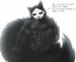  ! ? anthro big_penis biped black_fur black_penis canine changed_(video_game) fluffy fur goo_creature huge_tail male mammal mask monster muscular muscular_male nude one_eye_closed penis puro_(changed) rubber simple_background sitting solo text vein white-snow-wolf white_background wink wolf 