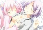  2girls bed breast_grab firill_crest horns juuoumujin_no_fafnir korie_riko long_hair no_bra open_shirt pajamas pink_hair purple_hair short_hair sleeping tear_lightning twintails 