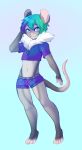  anthro ari_(caudamus) blue_eyes box-cat clothing girly hair hand_in_hair looking_at_viewer low_resolution male mammal markings mouse multicolored_hair navel pink_nose pink_tail rodent short_hair simple_background solo standing zipper 