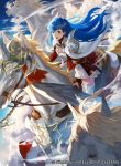  armor blue_eyes blue_hair blush breastplate cape dress elbow_gloves feathered_wings fingerless_gloves fire_emblem fire_emblem:_monshou_no_nazo fire_emblem_cipher gloves horse horseback_riding lance long_hair mayo_(becky2006) official_art open_mouth pegasus pegasus_knight polearm riding sheeda sky smile solo spear thighhighs weapon wings zettai_ryouiki 