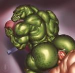  2018 anal anal_penetration anthro anus back_muscles balls big_muscles butt crocodile crocodilian cum cum_in_ass cum_inside dc_comics green_skin human human_on_anthro interspecies killer_croc lytta_the_bug male male/male mammal muscular muscular_male penetration penis red_eyes reptile scalie sex 