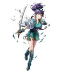  blue_hair boots dress fingerless_gloves fir fire_emblem fire_emblem:_fuuin_no_tsurugi fire_emblem_heroes full_body gloves hair_ribbon hair_tie highres holding holding_weapon kaya8 knee_boots long_hair official_art ponytail purple_eyes ribbon short_dress short_sleeves solo sword torn_clothes transparent_background weapon 