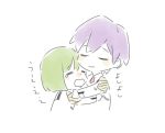  1girl bob_cut chibi closed_eyes darling_in_the_franxx green_hair hug nine_delta nine_epsilon purple_hair simple_background tearing_up unapoppo white_background 