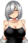  bangs black_swimsuit blue_eyes blush breasts cleavage closed_mouth collarbone commentary competition_school_swimsuit embarrassed eyebrows_visible_through_hair hair_ornament hair_over_one_eye hairclip hamakaze_(kantai_collection) highres kantai_collection large_breasts looking_at_viewer off_shoulder one-piece_swimsuit school_swimsuit short_hair sidelocks silver_hair simple_background solo swimsuit terakoya undressing upper_body white_background 