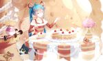  animal bai_yemeng blue_hair cake cat cherry crossover flowers food fruit hatsune_miku jerry_(tom_and_jerry) long_hair mouse ribbons tom tom_and_jerry twintails vocaloid 