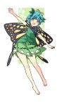  antennae barefoot blue_hair brown_eyes butterfly_wings eternity_larva eyebrows_visible_through_hair full_body green_skirt hair_ornament haya_taro_pochi leaf leaf_hair_ornament looking_at_viewer open_mouth outstretched_arms short_hair skirt sleeveless smile solo touhou wings 