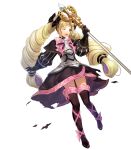  black_footwear black_legwear blonde_hair boots dress earrings elise_(fire_emblem_if) fire_emblem fire_emblem_heroes fire_emblem_if full_body gloves hair_ribbon hakou_(barasensou) highres holding jewelry long_hair official_art one_eye_closed open_mouth purple_eyes ribbon solo staff thigh_boots thighhighs torn_clothes transparent_background twintails very_long_hair zettai_ryouiki 