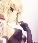  artoria_pendragon_(all) bangs black_dress blonde_hair blush breasts brown_eyes detached_sleeves dress eating eyebrows_visible_through_hair fate_(series) fork holding holding_fork long_hair looking_at_viewer medium_breasts parted_lips rosuuri sidelocks solo twitter_username upper_body 