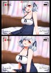  arm_support bangs bare_shoulders bed blush breasts collarbone curtains dress eyebrows_visible_through_hair girls_frontline highres indoors large_breasts looking_at_viewer mapar multiple_views on_bed open_mouth parted_lips recording red_eyes ribbon-trimmed_clothes ribbon_trim short_hair silver_hair sitting smile spas-12_(girls_frontline) swept_bangs 