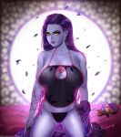  1girl alternate_costume areolae artist_name blue_skin breasts cleavage_cutout collarbone covered_navel doll earrings lingerie lips long_hair looking_at_viewer nipples overwatch purple_hair qoo_(770611) see-through side-tie_panties signature solo tracer_(overwatch) web_address widowmaker_(overwatch) yellow_eyes 
