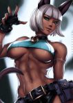  abs animal_humanoid blue_eyes breasts cat_humanoid cleavage clothed clothing collar dandon_fuga dark_skin feline female hair humanoid looking_at_viewer mammal nadia_fortune skullgirls solo white_hair 