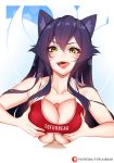  1girl ahri animal_ears bare_shoulders black_hair breast_squeeze breasts collarbone eyebrows_visible_through_hair fox_ears fox_tail grabbing hair_between_eyes half-closed_eyes hetero large_breasts league_of_legends long_hair looking_at_viewer naughty_face open_mouth paizuri paizuri_under_clothes patreon_username penis sidelocks signature slit_pupils swimsuit tail tofuubear tongue tongue_out underboob whisker_markings yellow_eyes 