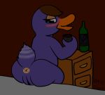  2017 alcohol animal_crossing anthro anus avian beak bed bedroom_eyes beige_anus beverage big_butt biped bird black_eyes blush brown_background brown_hair butt digital_drawing_(artwork) digital_media_(artwork) drawer drunk duck eyelashes feathers female hair half-closed_eyes holding_cup holding_object inside looking_at_viewer looking_back mallary_(animal_crossing) nintendo nude on_bed open_beak open_mouth open_smile overweight overweight_female presenting presenting_anus presenting_hindquarters presenting_pussy purple_feathers purple_pussy purple_tail pussy rear_view seductive short_hair short_tail simple_background sitting smile solo striped_tail stripes tail_feathers telem two_tone_tail video_games white_stripes white_tail wine wine_bottle 