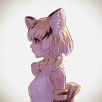  animal_ear_fluff animal_ears animal_print bangs black_hair blonde_hair bow bowtie breasts cat_ears commentary extra_ears eyebrows_visible_through_hair eyelashes from_side gradient_hair highres kemono_friends lips multicolored_hair nose profile realistic sand_cat_(kemono_friends) sand_cat_print shirt sleeveless sleeveless_shirt small_breasts solo takami_masahiro upper_body white_hair white_shirt yellow_eyes 