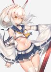  absurdres arm_at_side ascot ayanami_(azur_lane) azur_lane bandaid_on_arm bangs bare_shoulders belt blue_choker blue_sailor_collar blue_skirt blush breasts choker closed_mouth collarbone crop_top detached_sleeves dutch_angle expressionless eyebrows_visible_through_hair floating_hair gradient gradient_background grey_background groin hair_between_eyes head_tilt headgear high_ponytail highres horz legs_together long_hair long_sleeves looking_at_viewer midriff miniskirt navel orange_eyes outstretched_arm pleated_skirt ponytail remodel_(azur_lane) ribbon-trimmed_sleeves ribbon_trim sailor_collar school_uniform serafuku shiny shiny_skin shirt sidelocks skirt sleeveless sleeveless_shirt small_breasts solo standing stomach thighhighs thighs underboob white_background white_belt white_hair white_legwear white_shirt wide_sleeves yellow_neckwear 